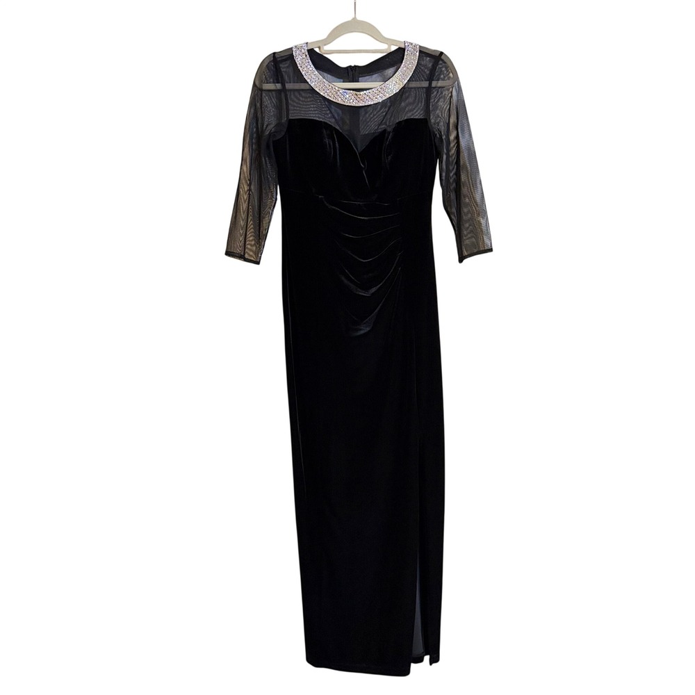 Alex Evenings Black Velvet Mesh Gown Rhinestone Collar Maxi Dress 6
